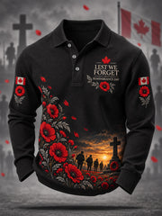 Men's Lest We Forget Canada Remembrance Day Print Long Sleeve Polo