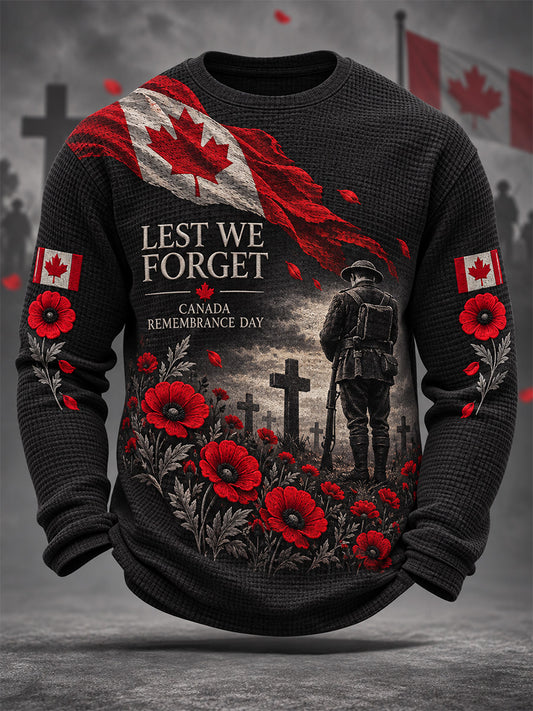 Men's Lest We Forget Canada Remembrance Day Print Waffle Long Sleeve T-Shirt