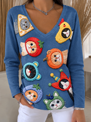 Women's Cute cat print V-Neck T-Shirt