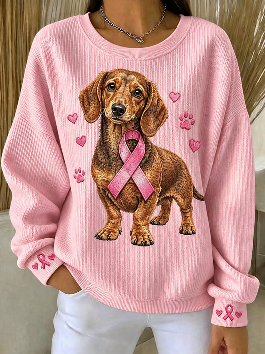 Women's Pink Ribbon Dachshund Dog Print Round Neck Sweatshirt