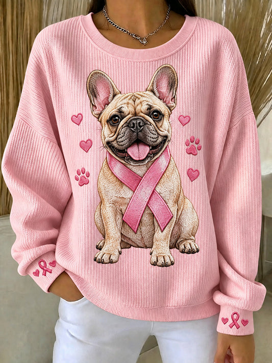 Women's Pink Ribbon French Bulldog Print Round Neck Sweatshirt