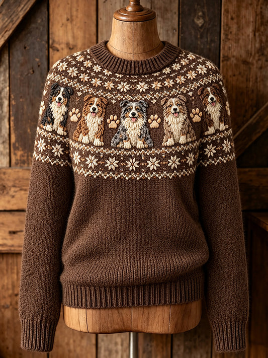 Women's Vintage Cute Border Collie Yoke Isle Print Long-sleeved Sweater