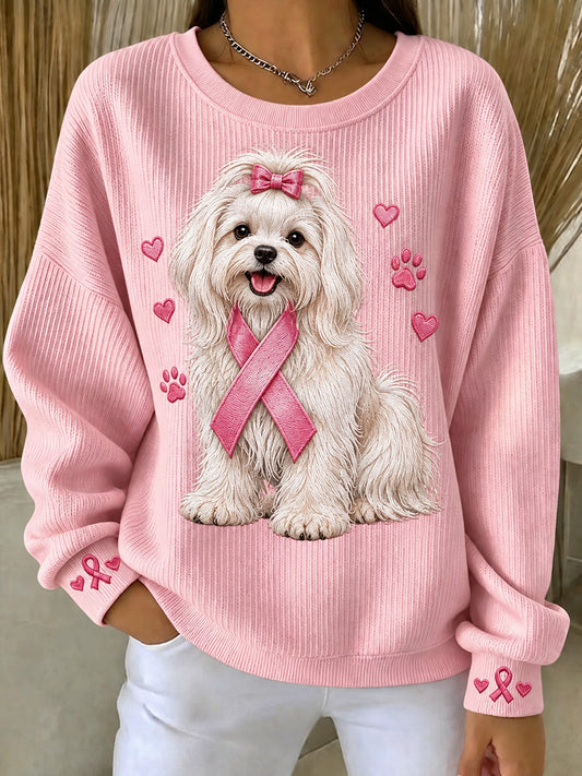 Women's Pink Ribbon Maltese Dog Print Round Neck Sweatshirt