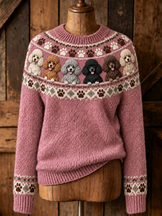 Women's Vintage Cute Poodle Dogs Yoke Isle Print Long-sleeved Sweater