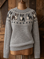 Women's Vintage Boston Terrier Dogs Yoke Isle Print crew neck sweater