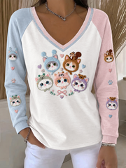Women's Cute cat print long-sleeved T-shirt with dropped shoulders