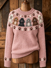Women's Vintage Cute Poodle Dogs Yoke Isle Print Long-sleeved Sweater