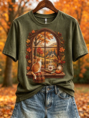 Women's Fall Landscape Window & Cozy Cat Print short-sleeved T-shirt