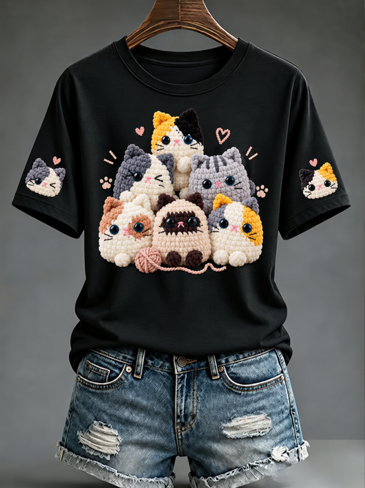 Women's Cute cat print short-sleeved T-shirt