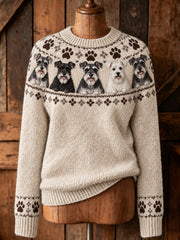 Women's Vintage Schnauzer Dogs Yoke Isle Print Long-sleeved Sweater