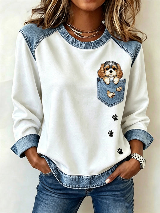 Women's Peeking Cavalier Dog Faux Pocket Print Denim Patchwork Top
