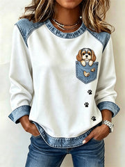 Women's Peeking Cavalier Dog Faux Pocket Print Denim Patchwork Top