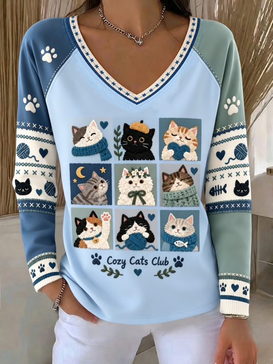 Women's Cute cat print long-sleeved T-shirt with dropped shoulders
