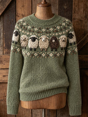 Women's Vintage Fuzzy Sheep Yoke Isle Print crew neck sweater