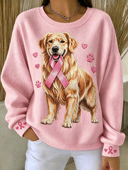Women's Pink Ribbon Golden Retriever Print Round Neck Sweatshirt
