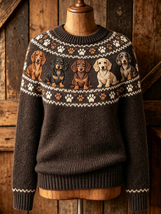 Women's Vintage Cute Dachshund Dogs Yoke Isle Print Long-sleeved Sweater