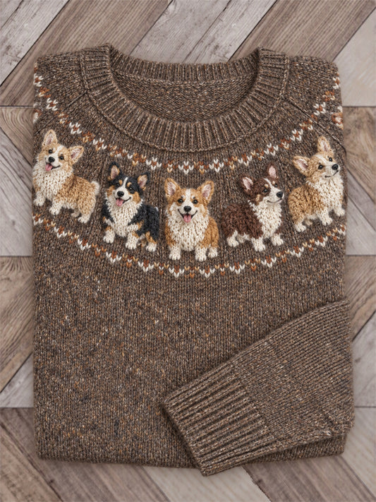 Women's Vintage Corgi Dogs Yoke Isle Print crew neck sweater