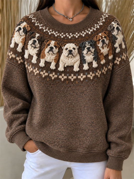 Women's Vintage Bulldogs Yoke Isle Print Loose Fit Sweatshirt