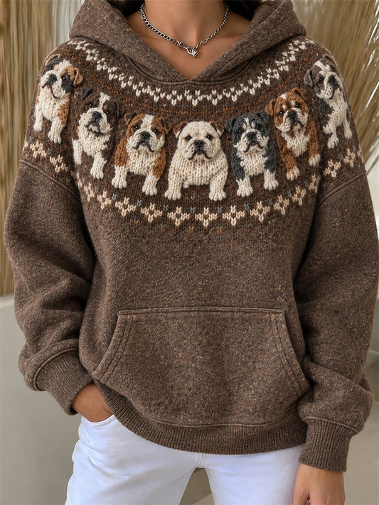 Women's Vintage Bulldogs Yoke Isle Print Loose Fit Hoodie