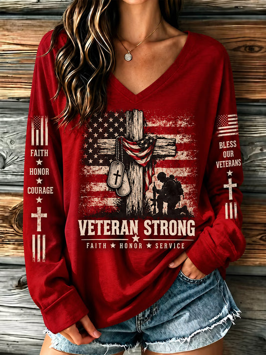 Women's U.S. Veterans Day Veteran Faith Art Print Casual Long-Sleeve T-Shirt