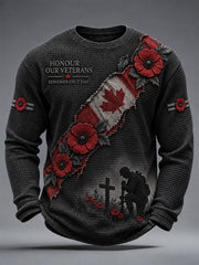 Men's Lest We Forget Canada Remembrance Day Poppy Print Waffle Long Sleeve T-Shirt