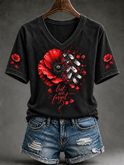 Women's Lest We Forget Canada Remembrance Day Print V-neck Short Sleeve T-shirt
