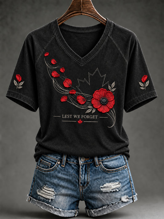 Women's Lest We Forget Canada Remembrance Day Print V-neck Short Sleeve T-shirt
