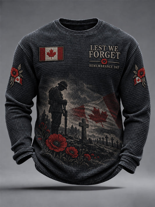 Men's Lest We Forget Canada Remembrance Day Poppy Print Waffle Long Sleeve T-Shirt