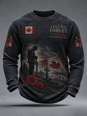 Men's Lest We Forget Canada Remembrance Day Poppy Print Waffle Long Sleeve T-Shirt