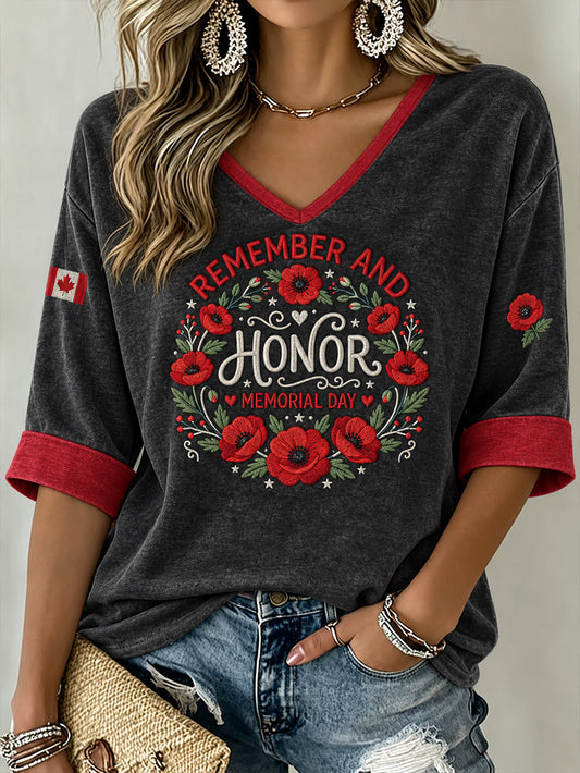 Women's Papaver Rhoeas Pattern Printed Mid-length Sleeves V-Neck T-Shirt