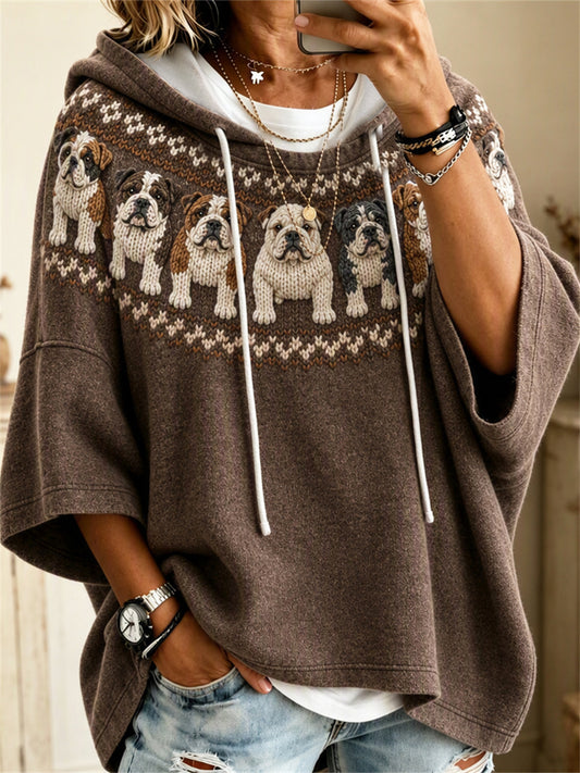 Women's Vintage Bulldogs Yoke Isle Print Oversize Short-Sleeve Hoodie