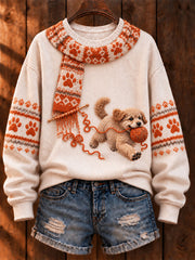 Women's "Mischievous Dog" Golden Retriever Art Print Casual Sweater