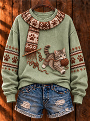 Women's "Mischievous Kitty" Tabby Cat Art Print Casual Sweater
