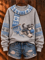 Women's "Mischievous Dog" Schnauzer Art Print Casual Sweater
