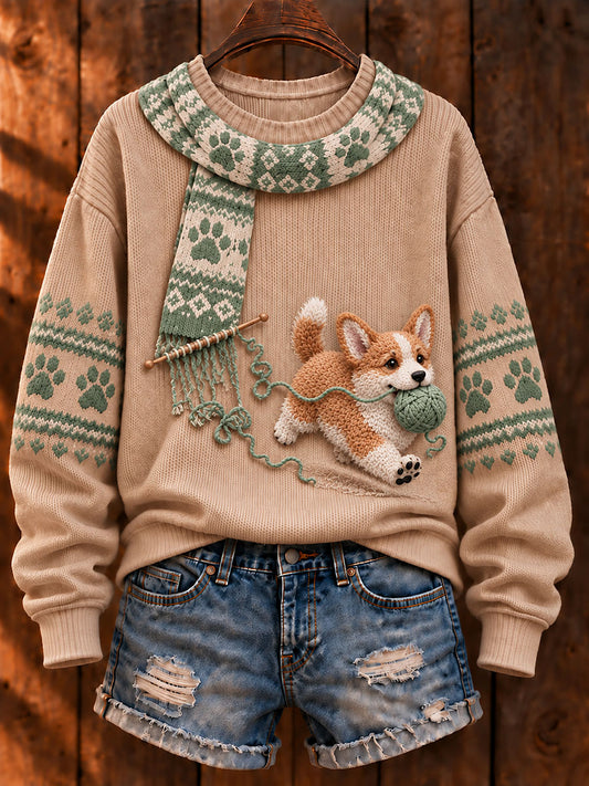 Women's "Mischievous Dog" Corgi Art Print Casual Sweater
