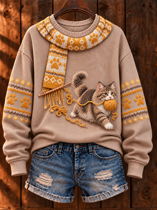 Women's "Mischievous Kitty" Maine Coon Art Print Casual Sweater