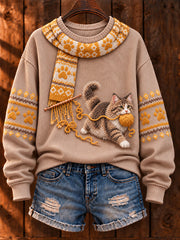 Women's "Mischievous Kitty" Maine Coon Art Print Casual Sweater