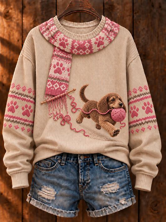 Women's "Mischievous Dog" Dachshund Art Print Casual Sweater