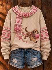 Women's "Mischievous Dog" Dachshund Art Print Casual Sweater