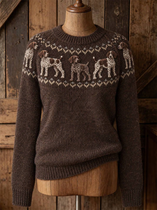 Women's Vintage German Shorthaired Pointer Dogs Yoke Isle Print crew neck sweater