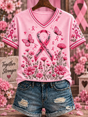 Women's Breast Cancer Pink Printed V-neck T-shirt