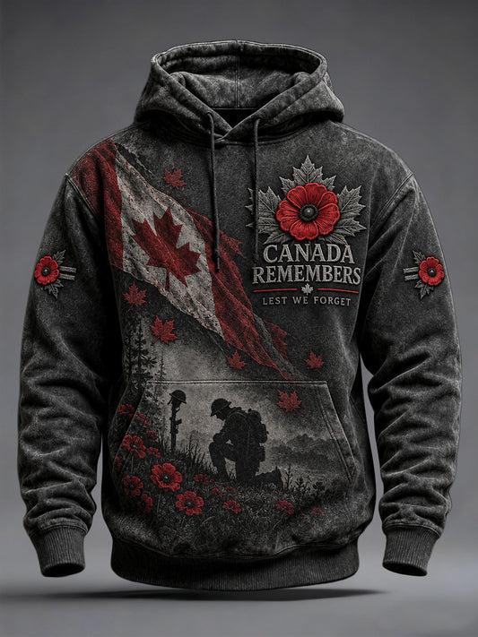 Men's Lest We Forget Canada Remembrance Day Print Oversized Drop-Shoulder Hoodie With Pockets