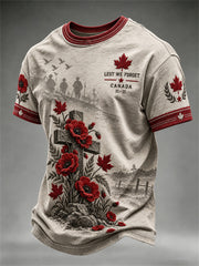 Men's Canada We Will Remember Floral Cross Print Memorial short sleeves t-shirt