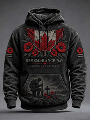 Men's Lest We Forget Canada Remembrance Day Poppy Print Oversized Drop-Shoulder Hoodie With Pockets