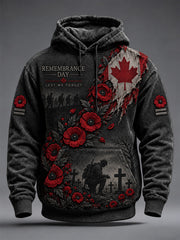 Men's Lest We Forget Canada Remembrance Day Poppy Print Oversized Drop-Shoulder Hoodie With Pockets