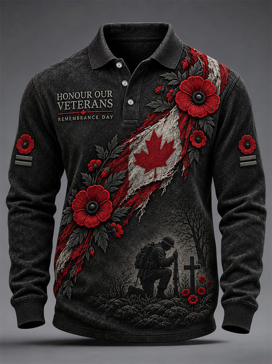 Men's Lest We Forget Canada Remembrance Day Print Long Sleeve Polo