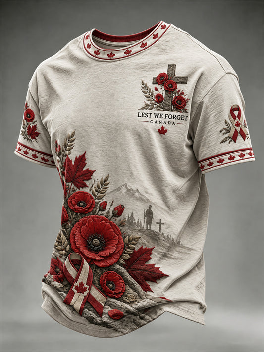 Men's Canada We Will Remember Floral Cross Print Memorial short sleeves t-shirt
