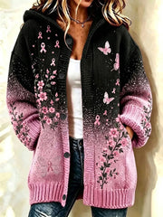Women's Breast Cancer Awareness Print Composite Fleece Long Coat