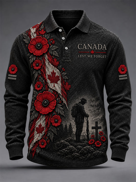 Men's Lest We Forget Canada Remembrance Day Print Long Sleeve Polo