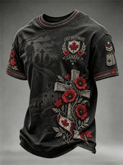 Men's Canada We Will Remember Floral Cross Print Memorial short sleeves t-shirt
